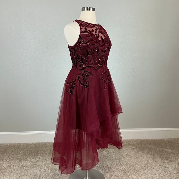Adrianna Papell Red Sequined Tulle Fit and Flare Cocktail Dress Size 16 High Low - Picture 2 of 14